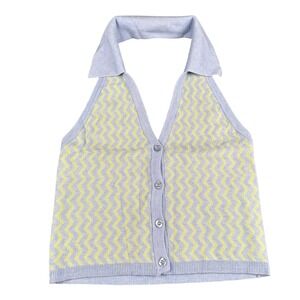 Sweet Republic Blue Yellow Chevron Halter Neck Button Front Knit Crop Top‎ S